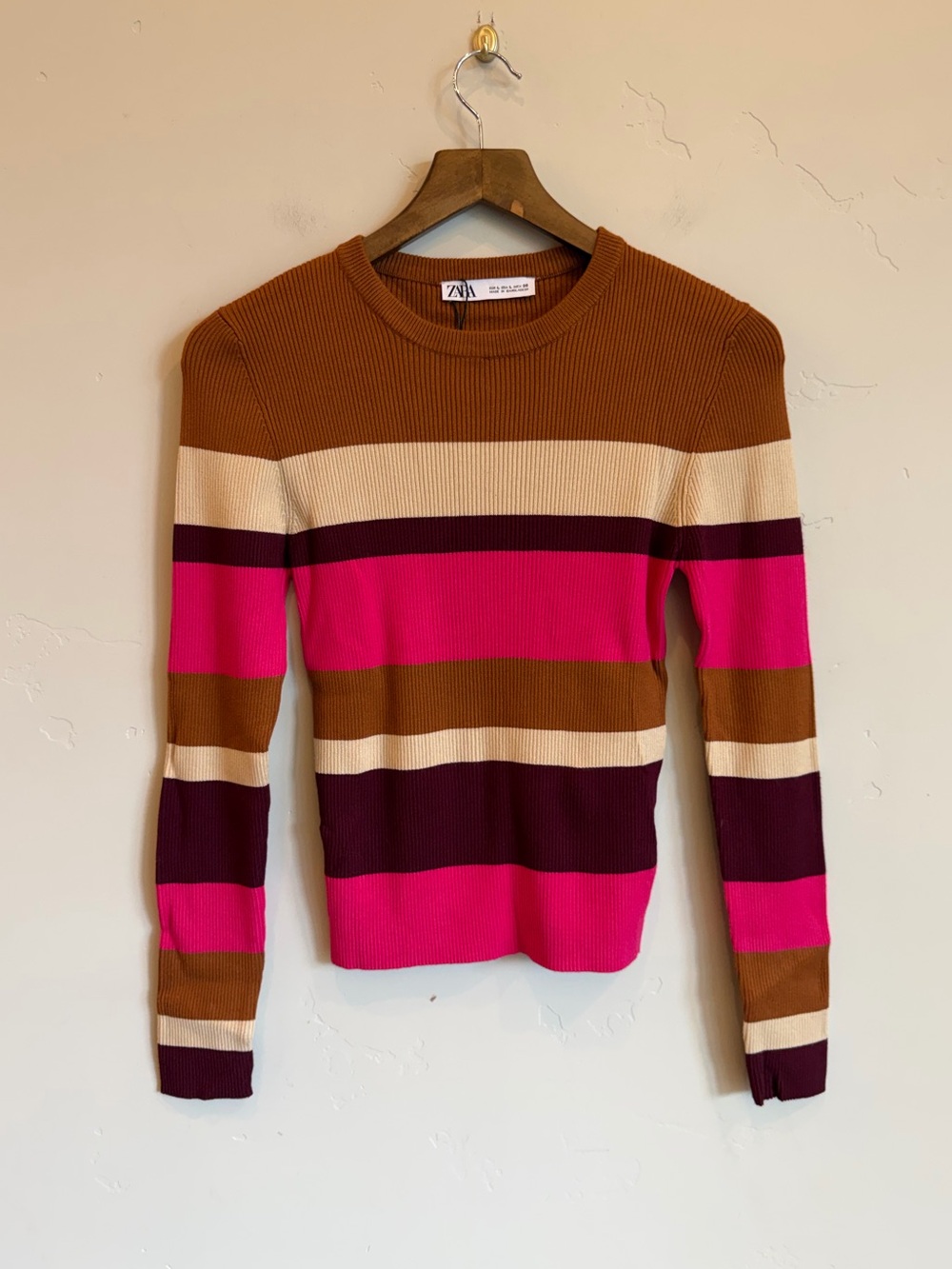 ZARA Fitted Striped Crew Neck Knit Sweater Style Top